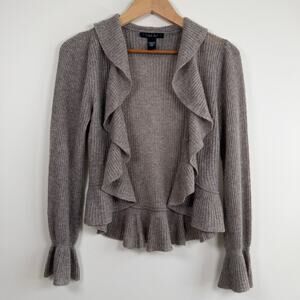 Laundry By Shelli Segal Cashmere Ruffle Cardigan Taupe Open Front Size S FLAWS